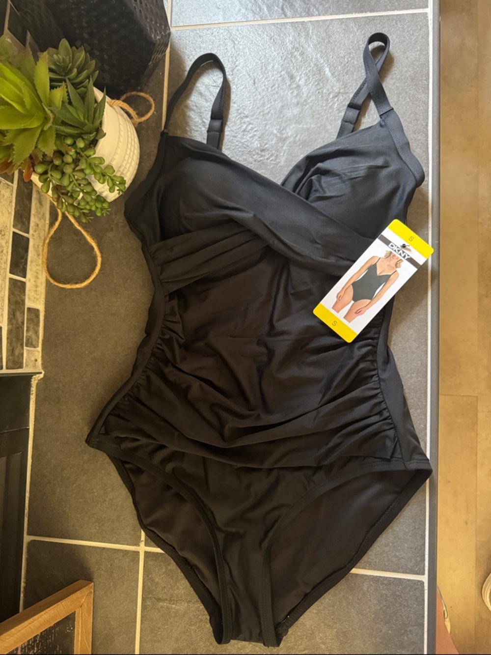 DKNY S NWT Pretty Black Tummy Control Swim One Piece